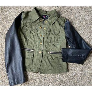 I Love Boy Meets Girl Military Green Girls Jacket Black Leather Sleeves Sz S-M